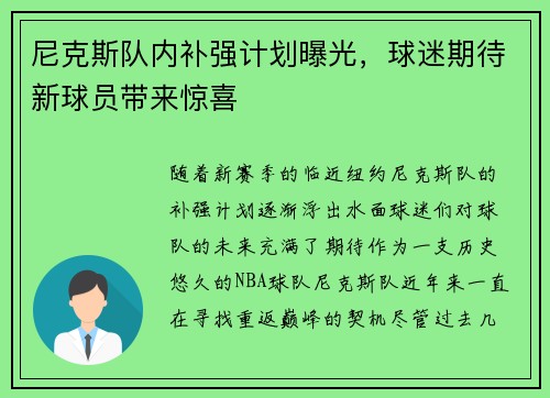 尼克斯队内补强计划曝光，球迷期待新球员带来惊喜